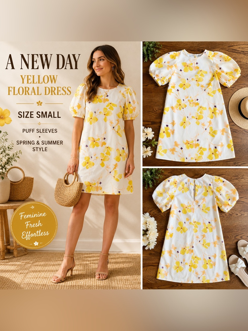 A New Day Yellow Floral Puff Sleeve Shift Women’s Size Small Vacation Dress